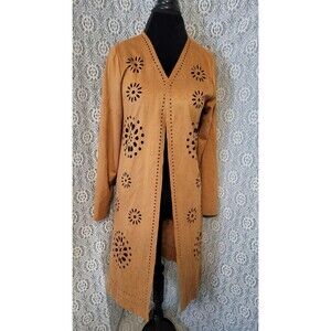NWT LIV Los Angeles Camel Faux Suede Laser Cut Open Front Duster Cardigan M